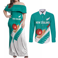 Custom New Zealand Cricket Couples Matching Off Shoulder Maxi Dress and Long Sleeve Button Shirt Kiwi Birds Haka Dance Turquoise Fern Sporty Style LT03 Turquoise - Polynesian Pride