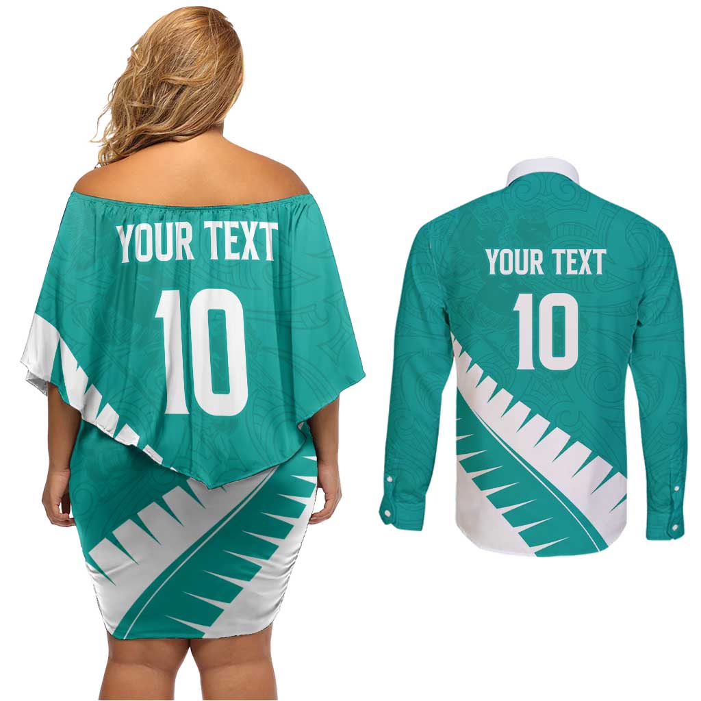 Custom New Zealand Cricket Couples Matching Off Shoulder Short Dress and Long Sleeve Button Shirt Kiwi Birds Haka Dance Turquoise Fern Sporty Style LT03 - Polynesian Pride