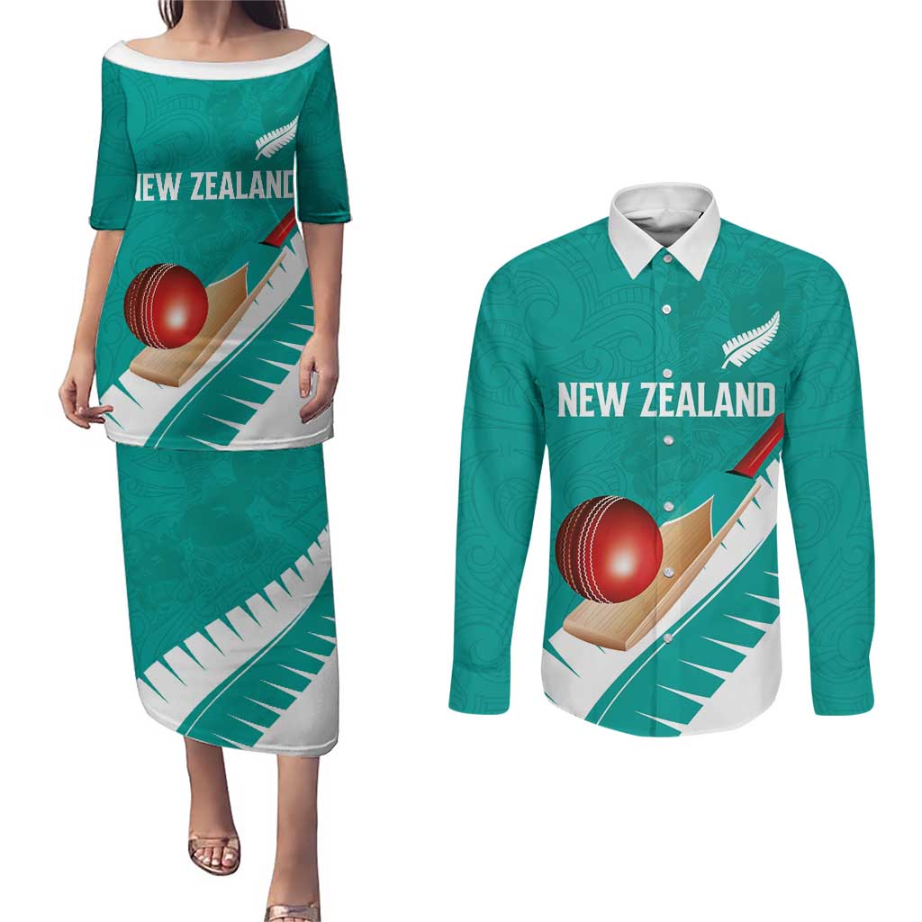Custom New Zealand Cricket Couples Matching Puletasi and Long Sleeve Button Shirt Kiwi Birds Haka Dance Turquoise Fern Sporty Style LT03 Turquoise - Polynesian Pride
