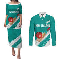 Custom New Zealand Cricket Couples Matching Puletasi and Long Sleeve Button Shirt Kiwi Birds Haka Dance Turquoise Fern Sporty Style LT03 Turquoise - Polynesian Pride