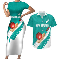 Custom New Zealand Cricket Couples Matching Short Sleeve Bodycon Dress and Hawaiian Shirt Kiwi Birds Haka Dance Turquoise Fern Sporty Style LT03 Turquoise - Polynesian Pride