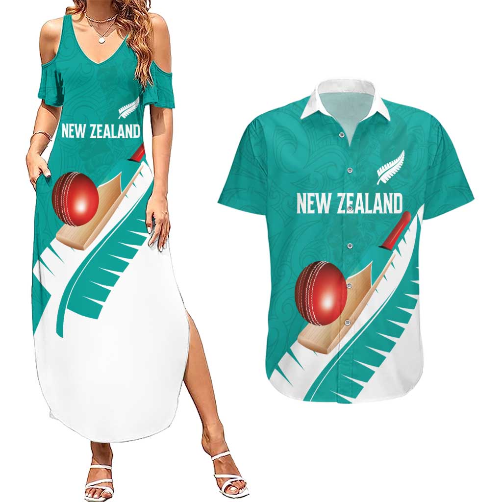 Custom New Zealand Cricket Couples Matching Summer Maxi Dress and Hawaiian Shirt Kiwi Birds Haka Dance Turquoise Fern Sporty Style LT03 Turquoise - Polynesian Pride