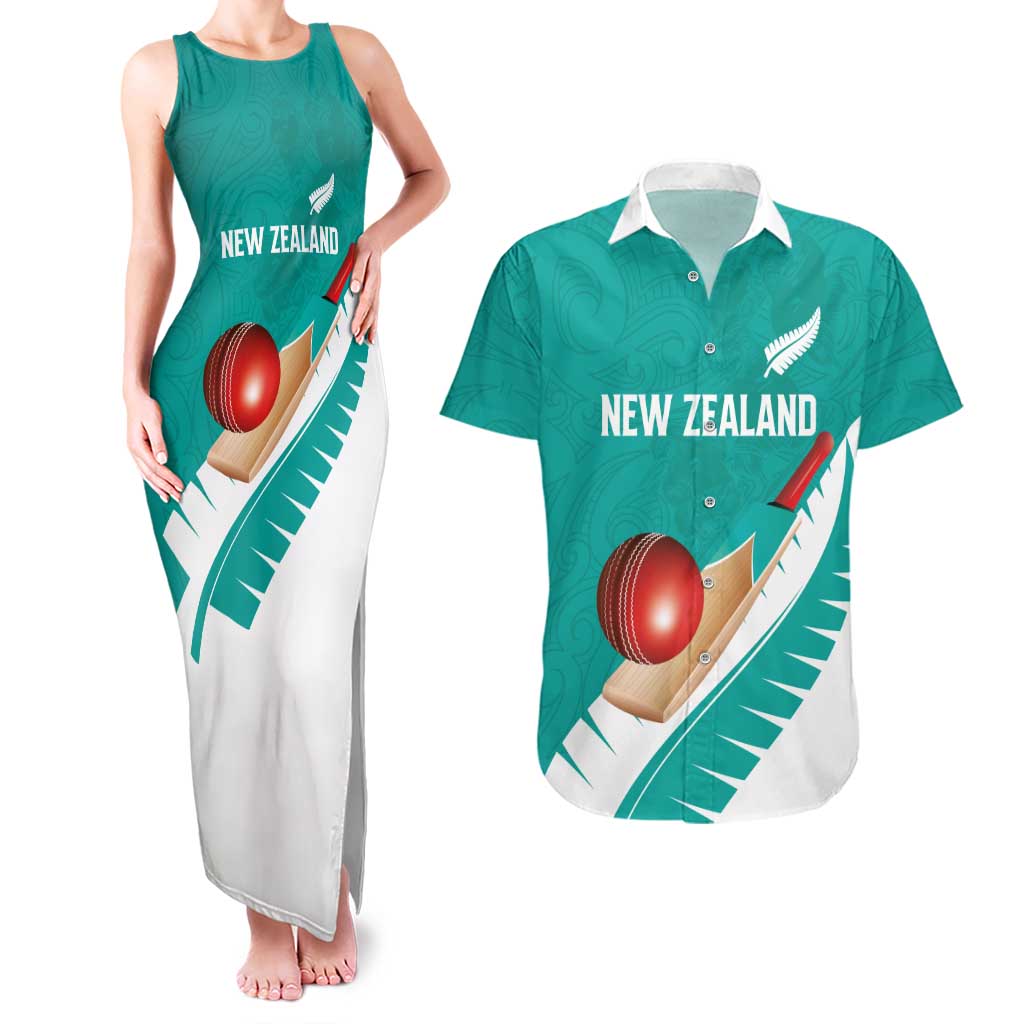 Custom New Zealand Cricket Couples Matching Tank Maxi Dress and Hawaiian Shirt Kiwi Birds Haka Dance Turquoise Fern Sporty Style LT03 Turquoise - Polynesian Pride