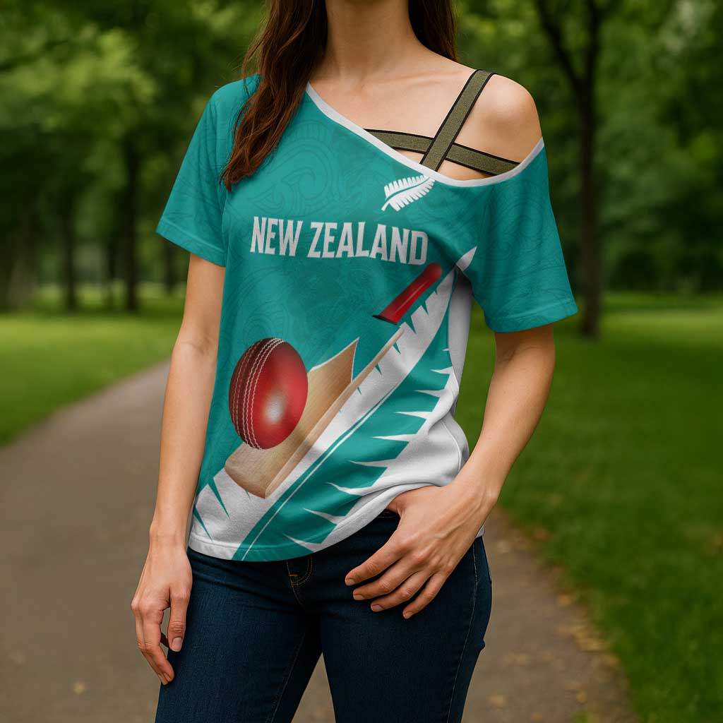 Custom New Zealand Cricket Cross Shoulder Shirt Kiwi Birds Haka Dance Turquoise Fern Sporty Style LT03 - Polynesian Pride