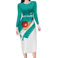 Custom New Zealand Cricket Family Matching Long Sleeve Bodycon Dress and Hawaiian Shirt Kiwi Birds Haka Dance Turquoise Fern Sporty Style LT03 Mom's Dress Turquoise - Polynesian Pride