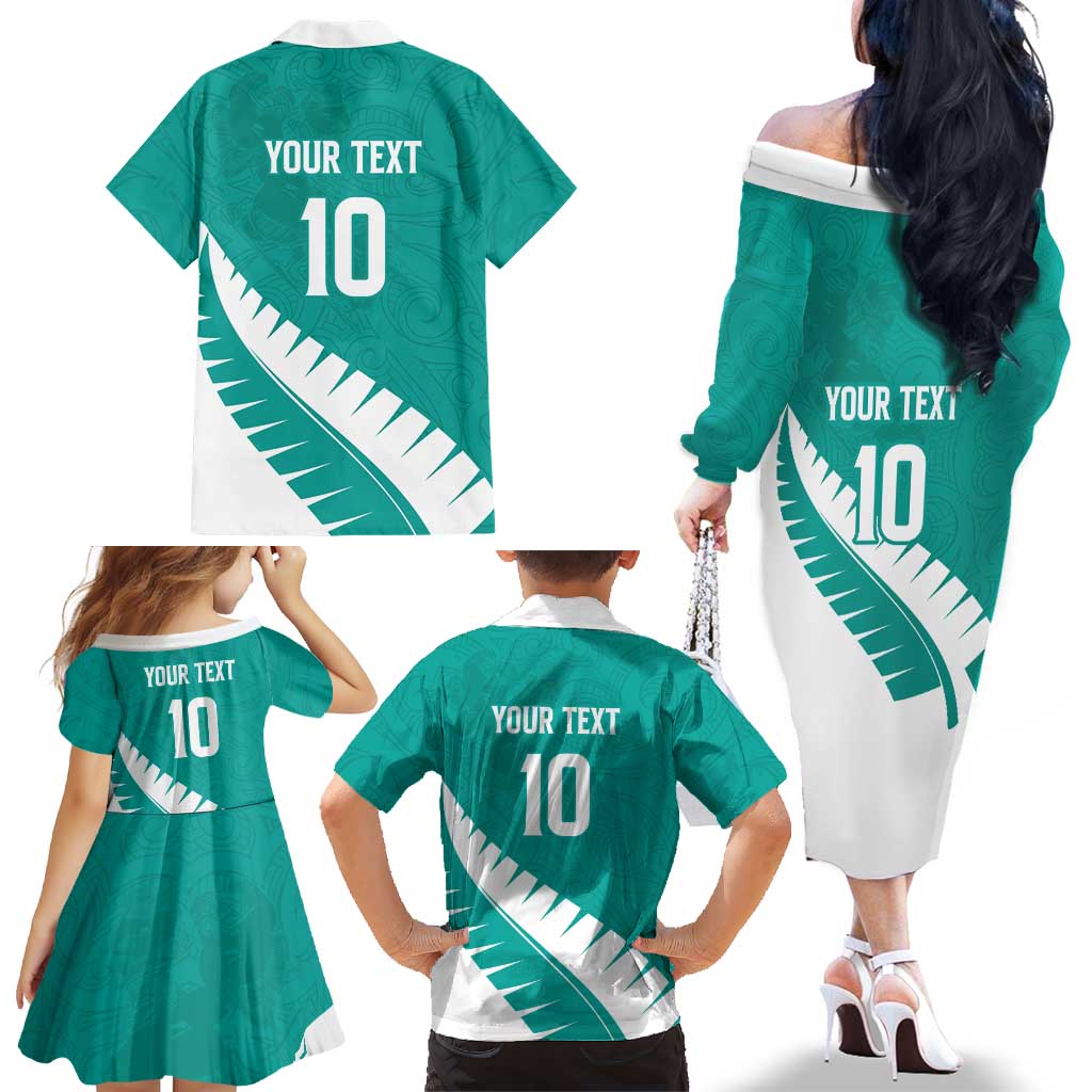 Custom New Zealand Cricket Family Matching Off The Shoulder Long Sleeve Dress and Hawaiian Shirt Kiwi Birds Haka Dance Turquoise Fern Sporty Style LT03 - Polynesian Pride