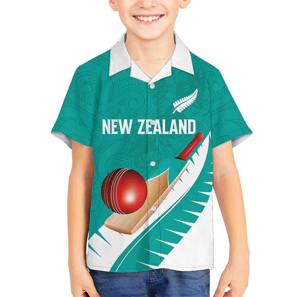 Custom New Zealand Cricket Family Matching Off The Shoulder Long Sleeve Dress and Hawaiian Shirt Kiwi Birds Haka Dance Turquoise Fern Sporty Style LT03 Son's Shirt Turquoise - Polynesian Pride