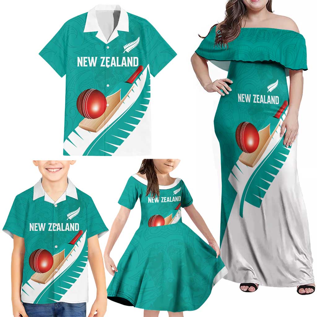 Custom New Zealand Cricket Family Matching Off Shoulder Maxi Dress and Hawaiian Shirt Kiwi Birds Haka Dance Turquoise Fern Sporty Style LT03 - Polynesian Pride