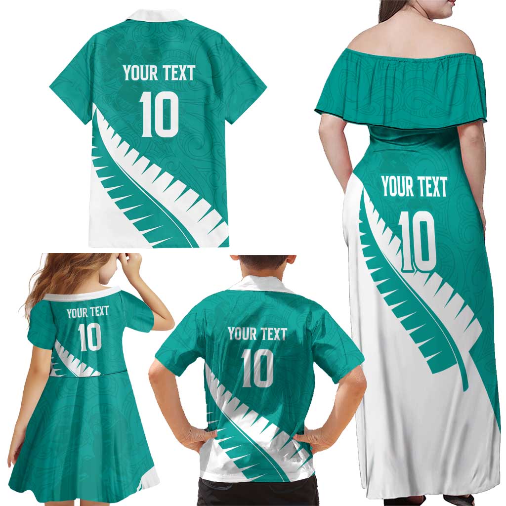 Custom New Zealand Cricket Family Matching Off Shoulder Maxi Dress and Hawaiian Shirt Kiwi Birds Haka Dance Turquoise Fern Sporty Style LT03 - Polynesian Pride