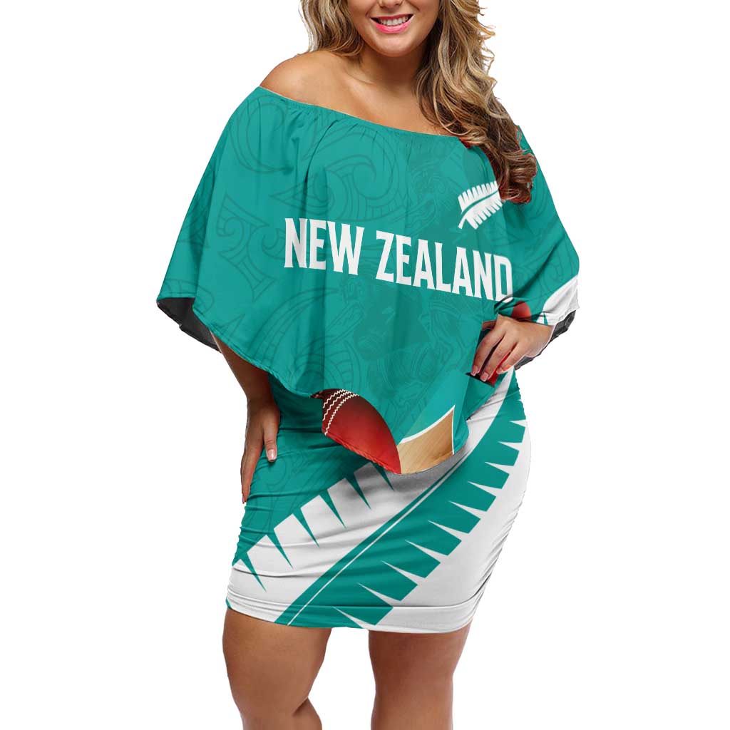 Custom New Zealand Cricket Family Matching Off Shoulder Short Dress and Hawaiian Shirt Kiwi Birds Haka Dance Turquoise Fern Sporty Style LT03 Mom's Dress Turquoise - Polynesian Pride