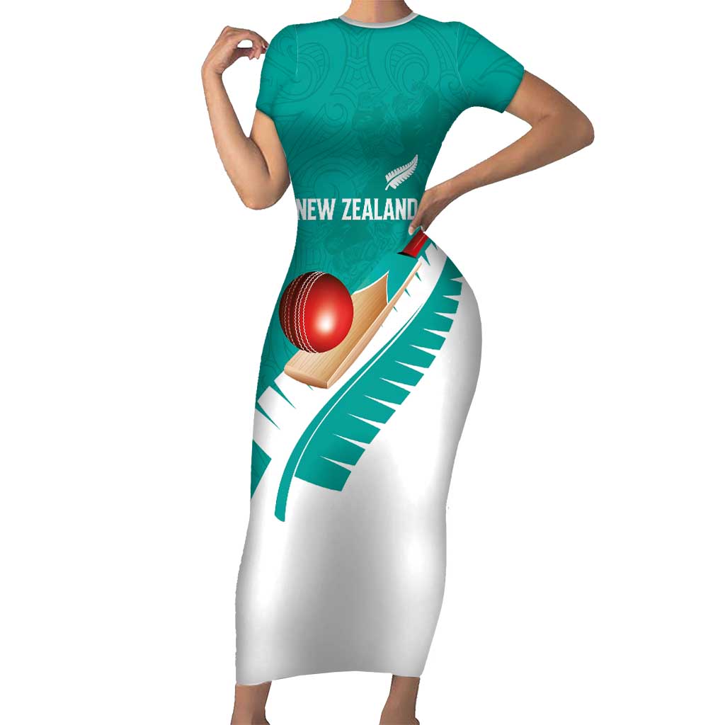 Custom New Zealand Cricket Family Matching Short Sleeve Bodycon Dress and Hawaiian Shirt Kiwi Birds Haka Dance Turquoise Fern Sporty Style LT03 Mom's Dress Turquoise - Polynesian Pride