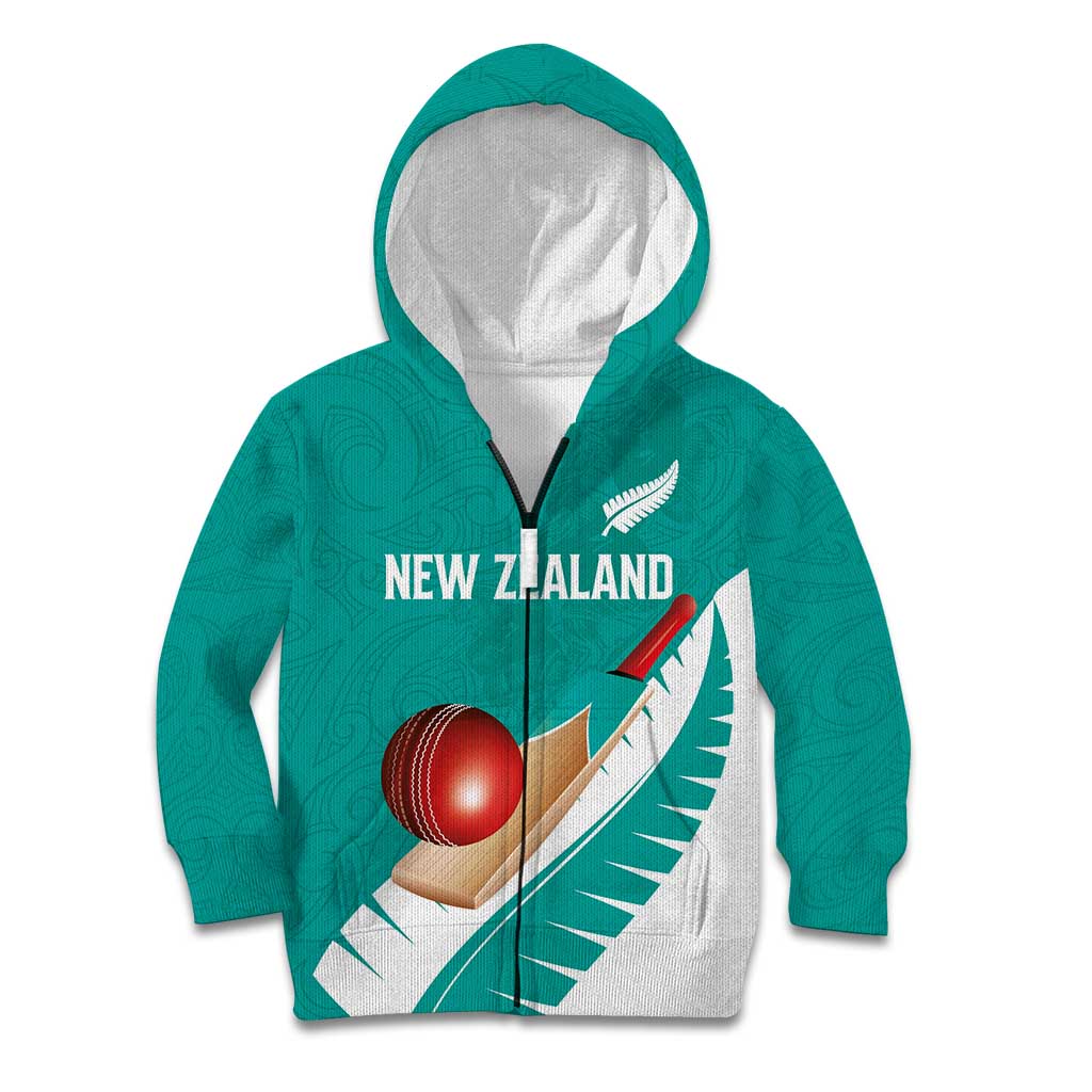 Custom New Zealand Cricket Kid Hoodie Kiwi Birds Haka Dance Turquoise Fern Sporty Style LT03 Zip Hoodie Turquoise - Polynesian Pride