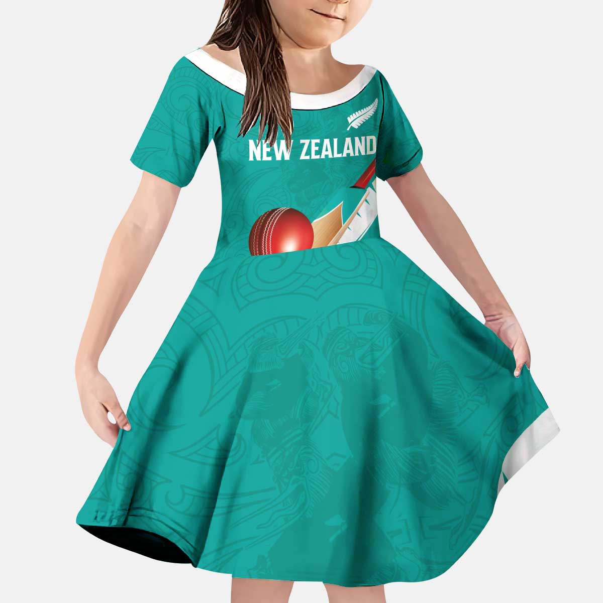 Custom New Zealand Cricket Kid Short Sleeve Dress Kiwi Birds Haka Dance Turquoise Fern Sporty Style LT03 KID Turquoise - Polynesian Pride