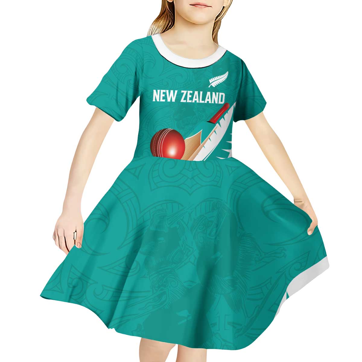 Custom New Zealand Cricket Kid Short Sleeve Dress Kiwi Birds Haka Dance Turquoise Fern Sporty Style LT03 - Polynesian Pride