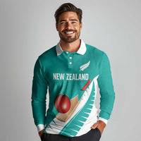 Custom New Zealand Cricket Long Sleeve Polo Shirt Kiwi Birds Haka Dance Turquoise Fern Sporty Style LT03 - Polynesian Pride