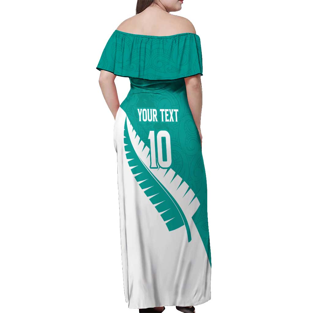 Custom New Zealand Cricket Off Shoulder Maxi Dress Kiwi Birds Haka Dance Turquoise Fern Sporty Style LT03 - Polynesian Pride
