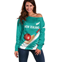 Custom New Zealand Cricket Off Shoulder Sweater Kiwi Birds Haka Dance Turquoise Fern Sporty Style LT03 Women Turquoise - Polynesian Pride