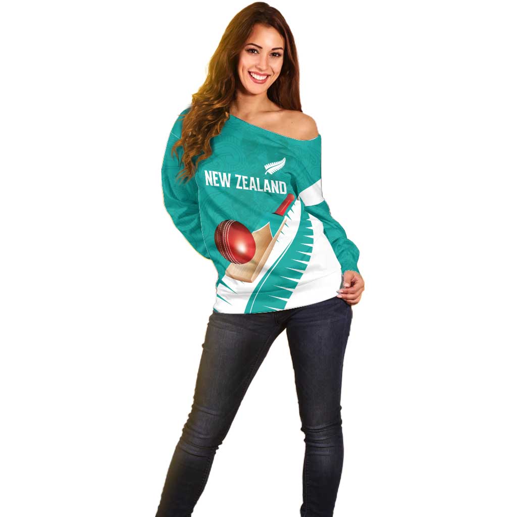 Custom New Zealand Cricket Off Shoulder Sweater Kiwi Birds Haka Dance Turquoise Fern Sporty Style LT03 - Polynesian Pride