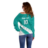 Custom New Zealand Cricket Off Shoulder Sweater Kiwi Birds Haka Dance Turquoise Fern Sporty Style LT03 - Polynesian Pride