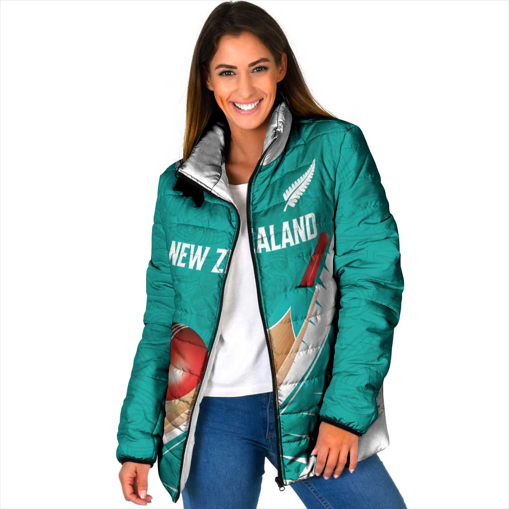 Custom New Zealand Cricket Padded Jacket Kiwi Birds Haka Dance Turquoise Fern Sporty Style LT03 Women Turquoise - Polynesian Pride
