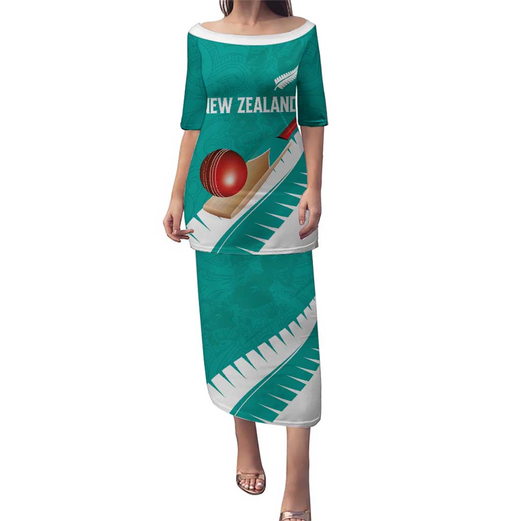 Custom New Zealand Cricket Puletasi Kiwi Birds Haka Dance Turquoise Fern Sporty Style LT03 Long Dress Turquoise - Polynesian Pride