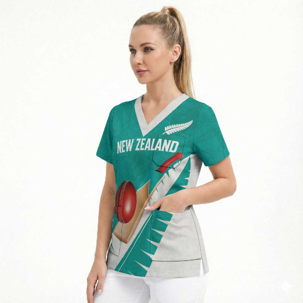 Custom New Zealand Cricket Scrub Top Kiwi Birds Haka Dance Turquoise Fern Sporty Style LT03 - Polynesian Pride
