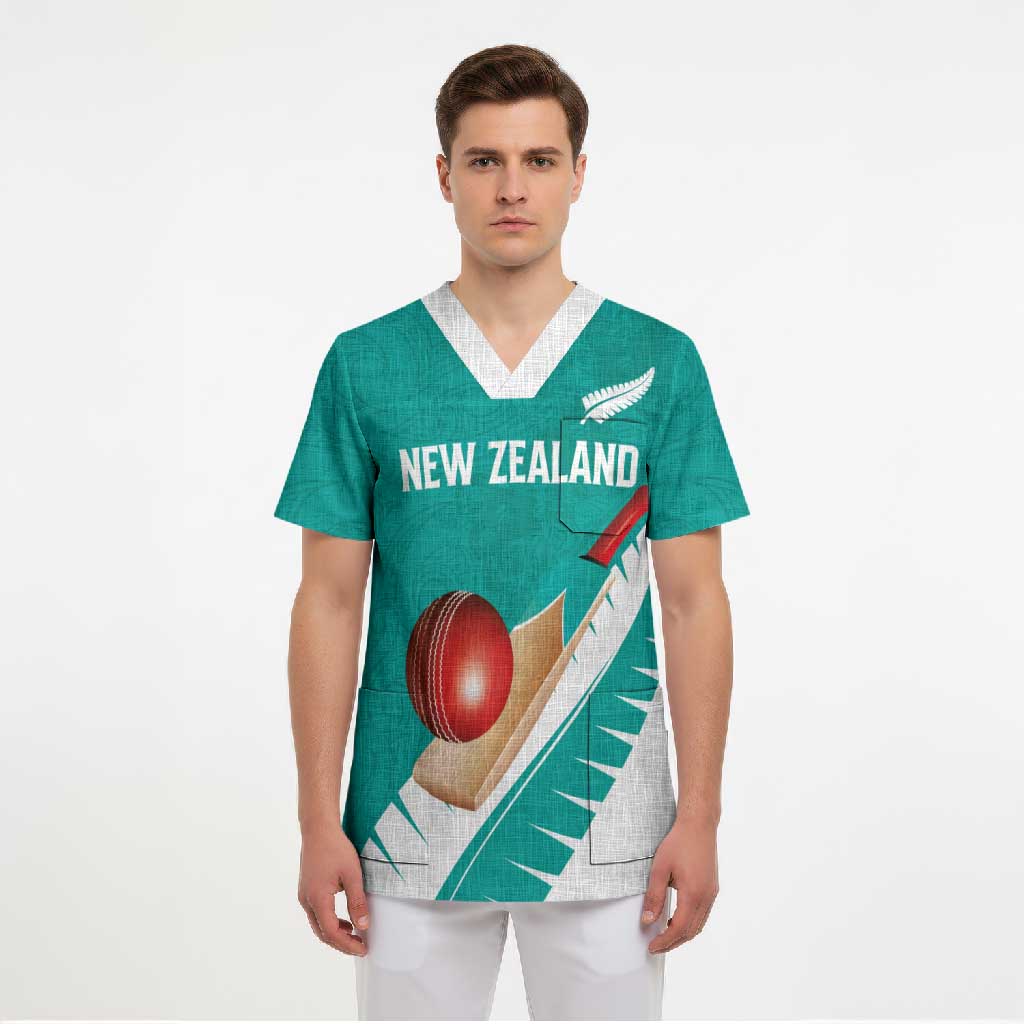 Custom New Zealand Cricket Scrub Top Kiwi Birds Haka Dance Turquoise Fern Sporty Style LT03 - Polynesian Pride