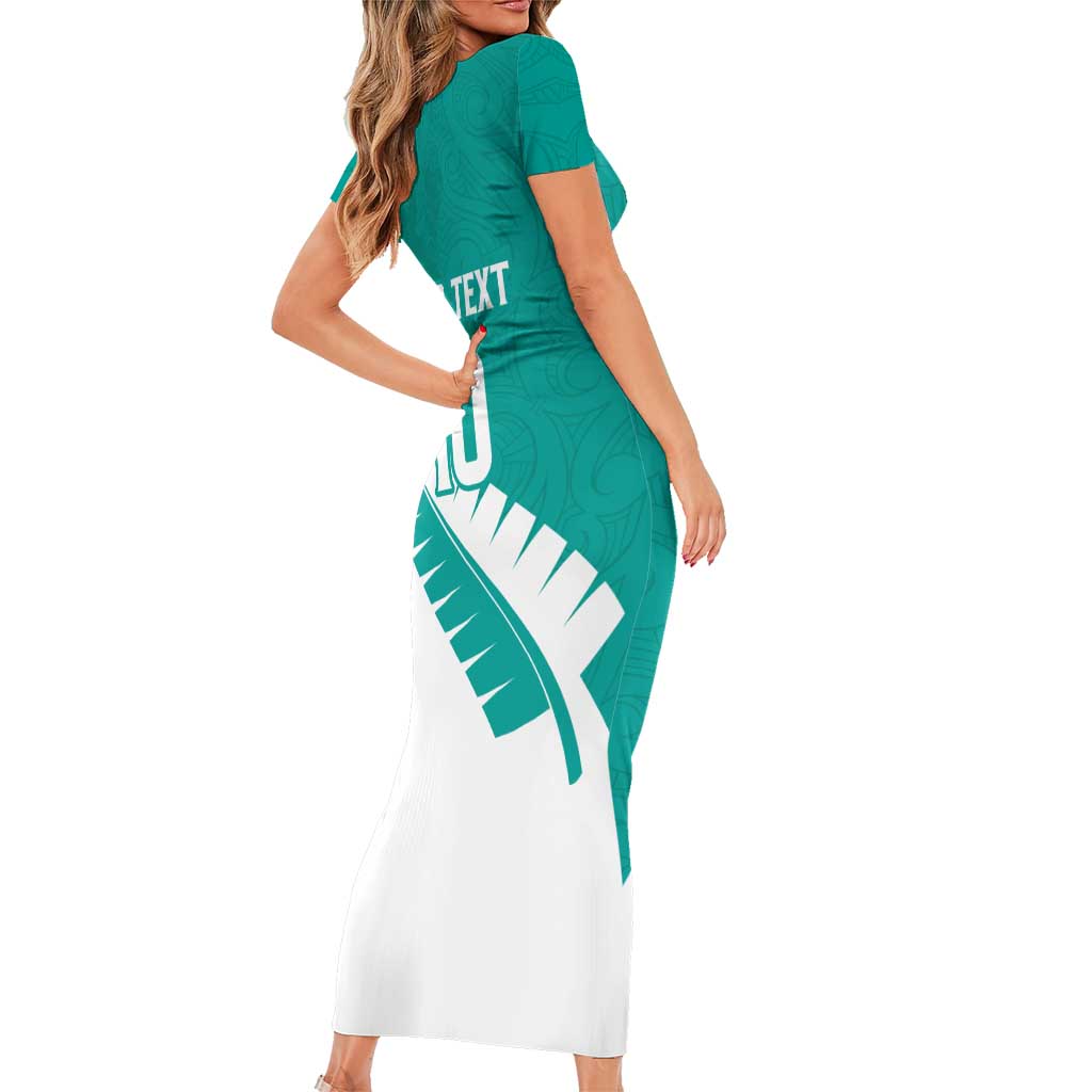 Custom New Zealand Cricket Short Sleeve Bodycon Dress Kiwi Birds Haka Dance Turquoise Fern Sporty Style LT03 - Polynesian Pride