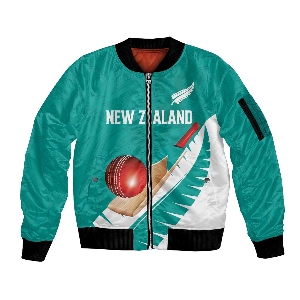 Custom New Zealand Cricket Sleeve Zip Bomber Jacket Kiwi Birds Haka Dance Turquoise Fern Sporty Style LT03 Unisex Turquoise - Polynesian Pride