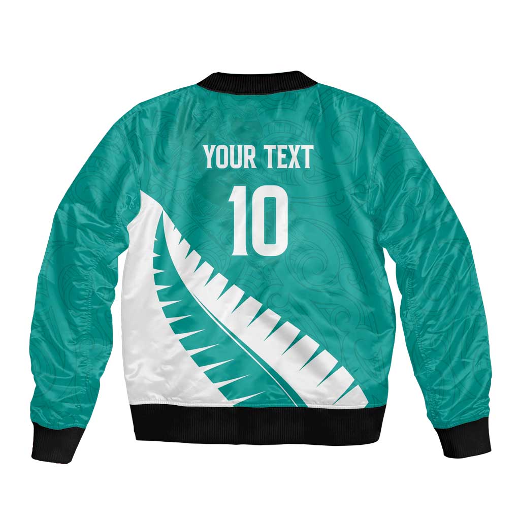 Custom New Zealand Cricket Sleeve Zip Bomber Jacket Kiwi Birds Haka Dance Turquoise Fern Sporty Style LT03 - Polynesian Pride