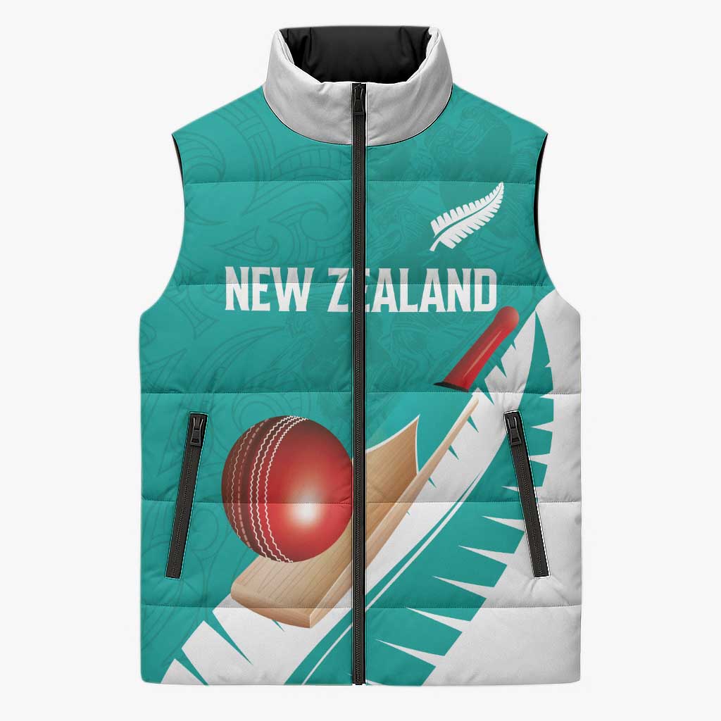 Custom New Zealand Cricket Sleeveless Puffer Jacket Kiwi Birds Haka Dance Turquoise Fern Sporty Style LT03 Unisex Turquoise - Polynesian Pride