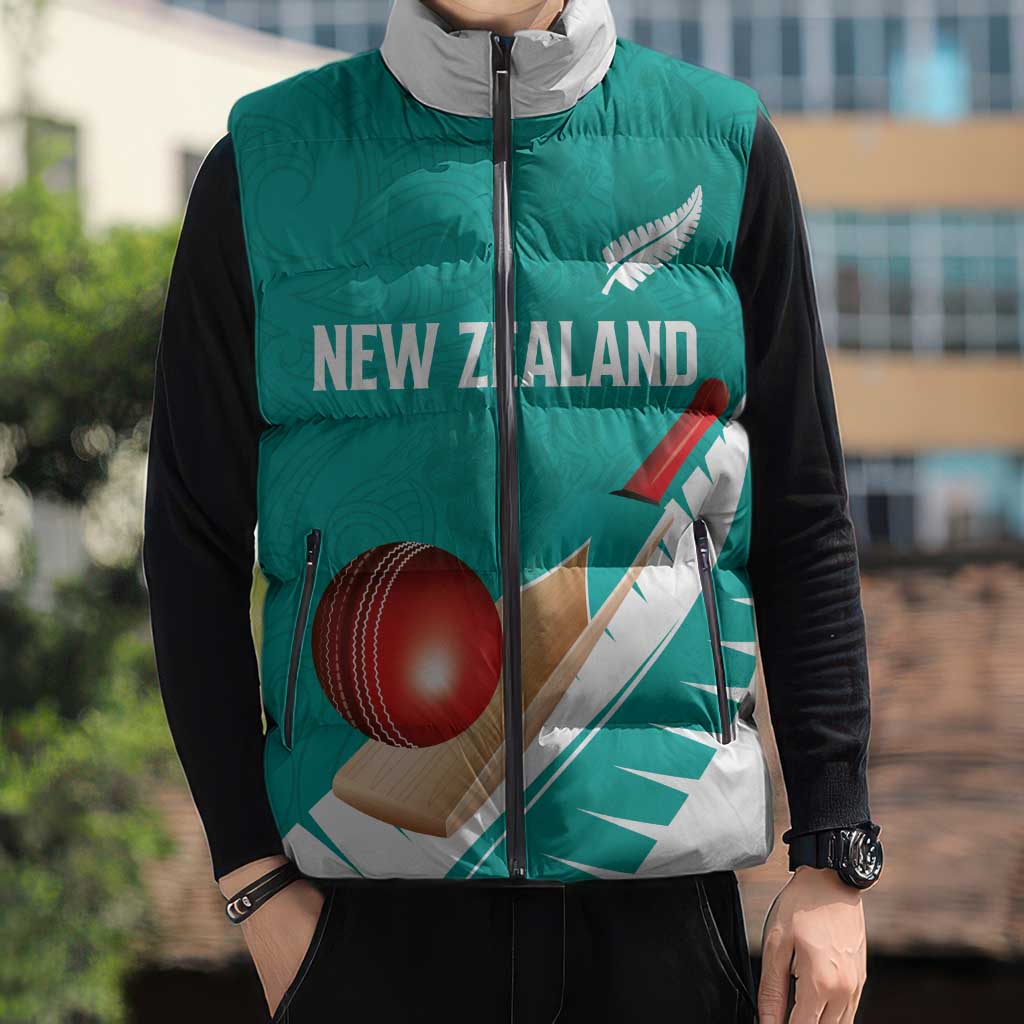 Custom New Zealand Cricket Sleeveless Puffer Jacket Kiwi Birds Haka Dance Turquoise Fern Sporty Style LT03 - Polynesian Pride