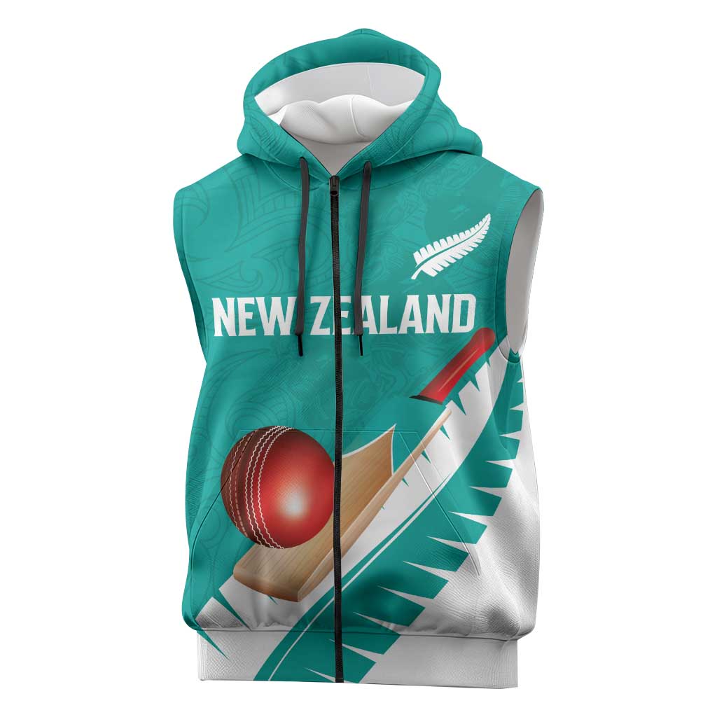 Custom New Zealand Cricket Sleeveless Zip Hoodie Kiwi Birds Haka Dance Turquoise Fern Sporty Style LT03 Turquoise - Polynesian Pride