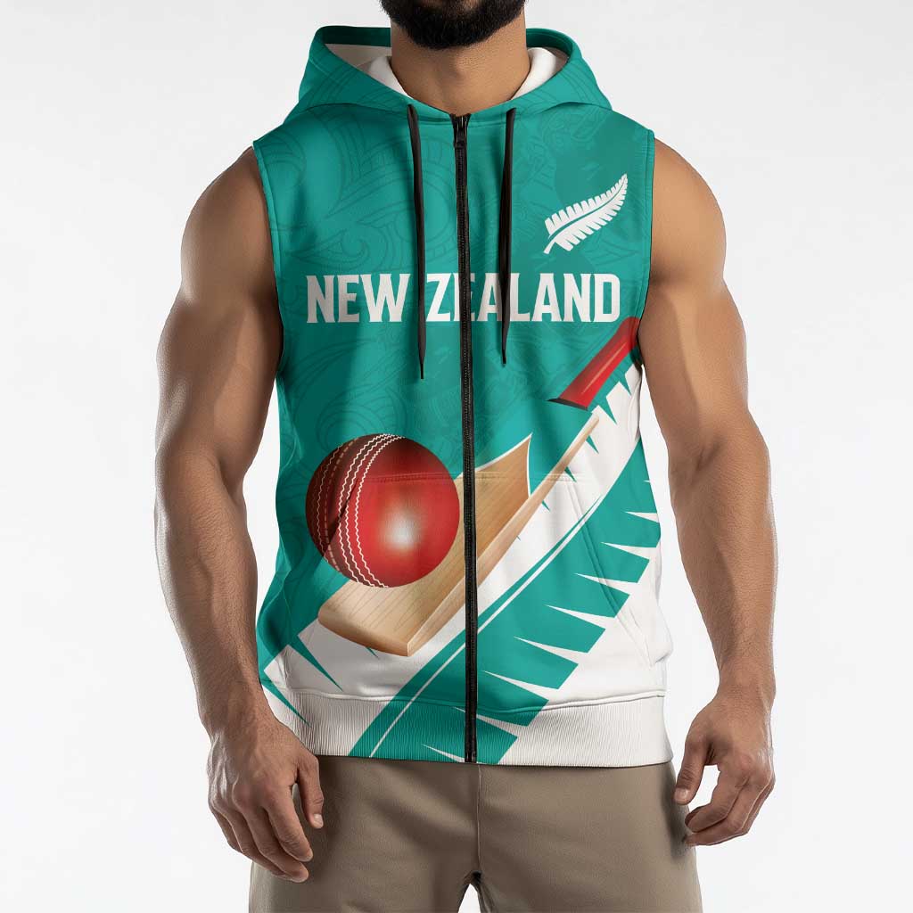 Custom New Zealand Cricket Sleeveless Zip Hoodie Kiwi Birds Haka Dance Turquoise Fern Sporty Style LT03 - Polynesian Pride
