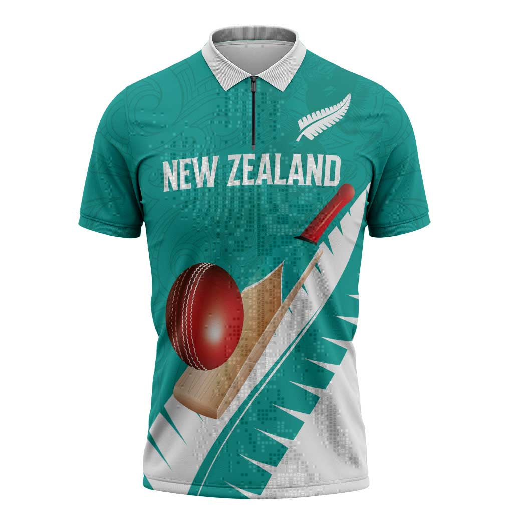 Custom New Zealand Cricket Zipper Polo Shirt Kiwi Birds Haka Dance Turquoise Fern Sporty Style LT03 Turquoise - Polynesian Pride