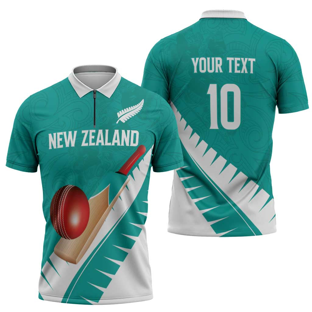 Custom New Zealand Cricket Zipper Polo Shirt Kiwi Birds Haka Dance Turquoise Fern Sporty Style LT03 - Polynesian Pride
