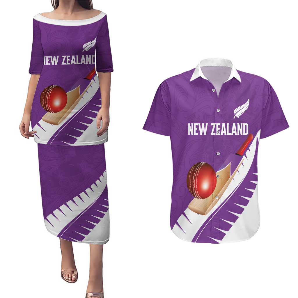 Custom New Zealand Cricket Couples Matching Puletasi and Hawaiian Shirt Kiwi Birds Haka Dance Purple Fern Sporty Style LT03 Purple - Polynesian Pride