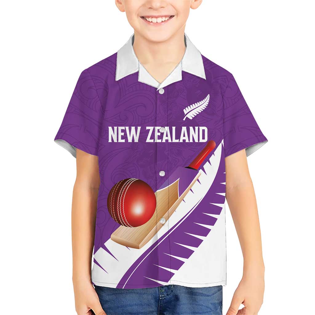 Custom New Zealand Cricket Family Matching Long Sleeve Bodycon Dress and Hawaiian Shirt Kiwi Birds Haka Dance Purple Fern Sporty Style LT03 Son's Shirt Purple - Polynesian Pride