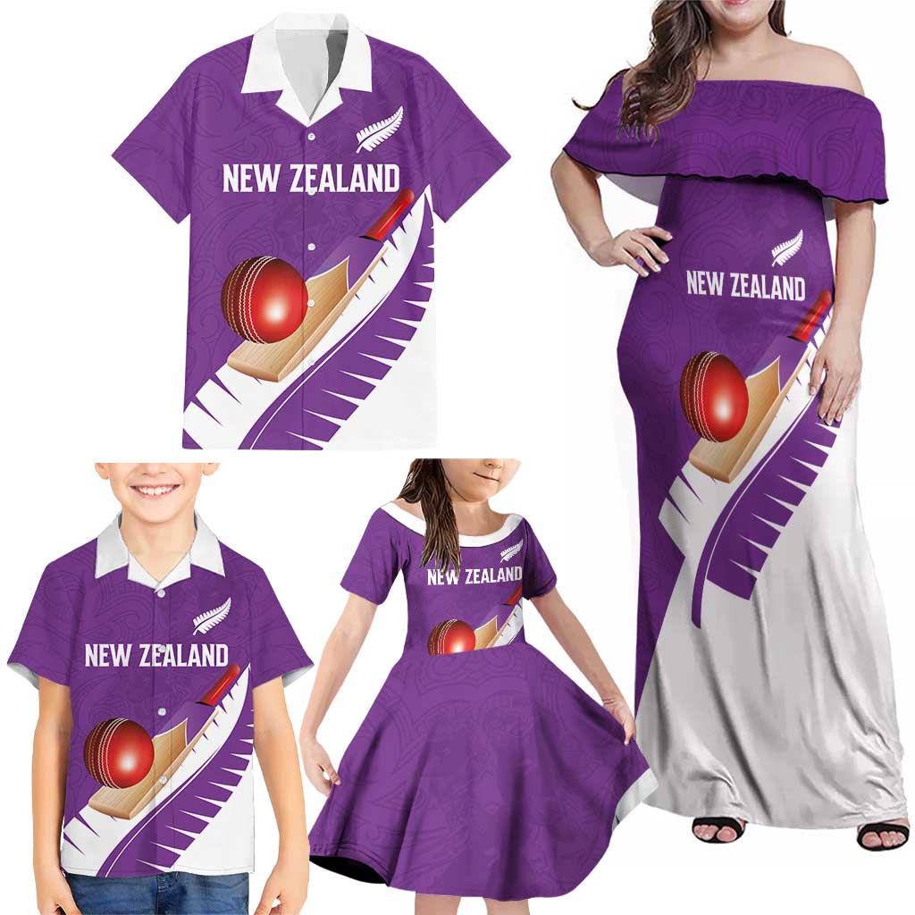 Custom New Zealand Cricket Family Matching Off Shoulder Maxi Dress and Hawaiian Shirt Kiwi Birds Haka Dance Purple Fern Sporty Style LT03 - Polynesian Pride