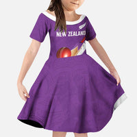 Custom New Zealand Cricket Family Matching Off Shoulder Short Dress and Hawaiian Shirt Kiwi Birds Haka Dance Purple Fern Sporty Style LT03 Daughter's Dress Purple - Polynesian Pride