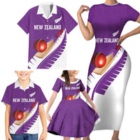 Custom New Zealand Cricket Family Matching Short Sleeve Bodycon Dress and Hawaiian Shirt Kiwi Birds Haka Dance Purple Fern Sporty Style LT03 - Polynesian Pride