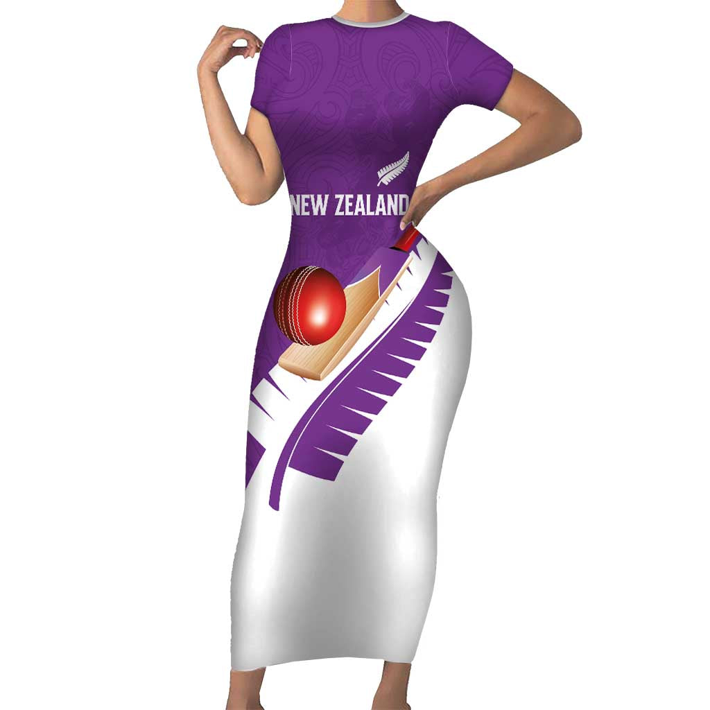 Custom New Zealand Cricket Family Matching Short Sleeve Bodycon Dress and Hawaiian Shirt Kiwi Birds Haka Dance Purple Fern Sporty Style LT03 Mom's Dress Purple - Polynesian Pride