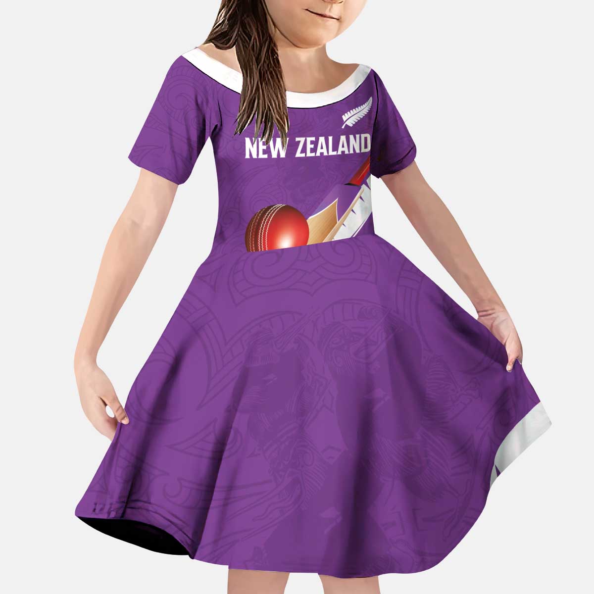 Custom New Zealand Cricket Kid Short Sleeve Dress Kiwi Birds Haka Dance Purple Fern Sporty Style LT03 KID Purple - Polynesian Pride