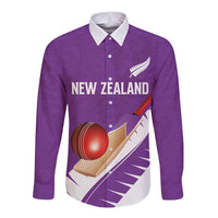Custom New Zealand Cricket Long Sleeve Button Shirt Kiwi Birds Haka Dance Purple Fern Sporty Style LT03 Unisex Purple - Polynesian Pride