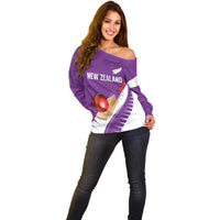 Custom New Zealand Cricket Off Shoulder Sweater Kiwi Birds Haka Dance Purple Fern Sporty Style LT03 - Polynesian Pride