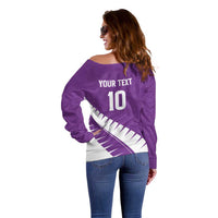 Custom New Zealand Cricket Off Shoulder Sweater Kiwi Birds Haka Dance Purple Fern Sporty Style LT03 - Polynesian Pride