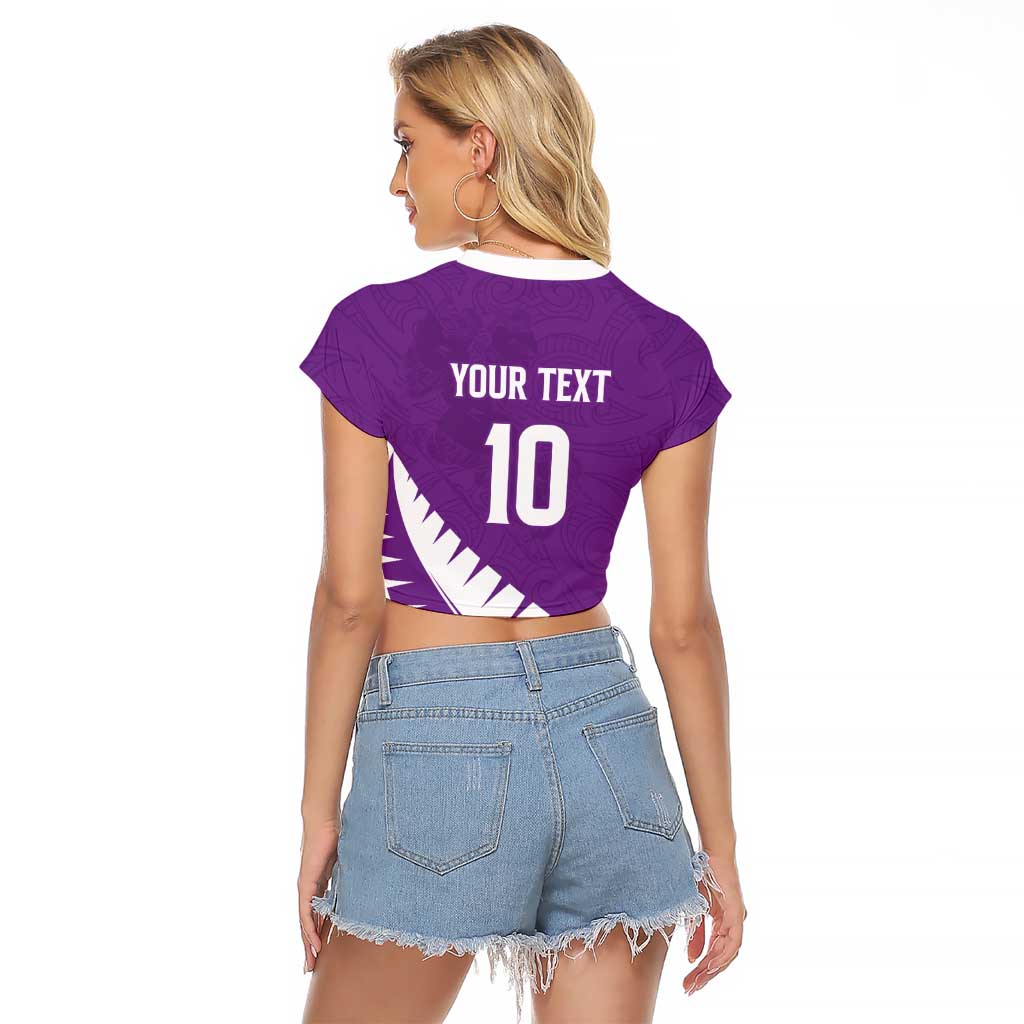 Custom New Zealand Cricket Raglan Cropped T Shirt Kiwi Birds Haka Dance Purple Fern Sporty Style LT03 - Polynesian Pride