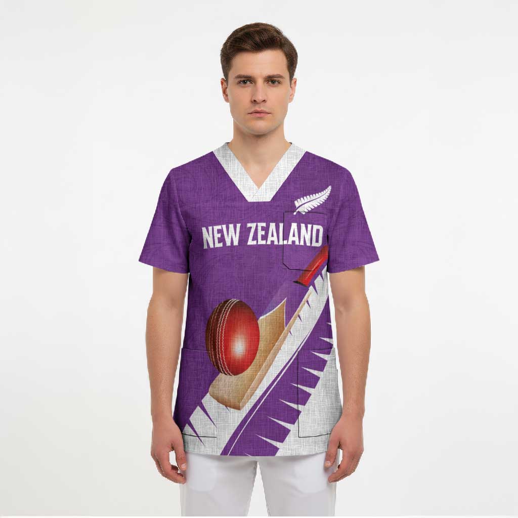 Custom New Zealand Cricket Scrub Top Kiwi Birds Haka Dance Purple Fern Sporty Style LT03 - Polynesian Pride