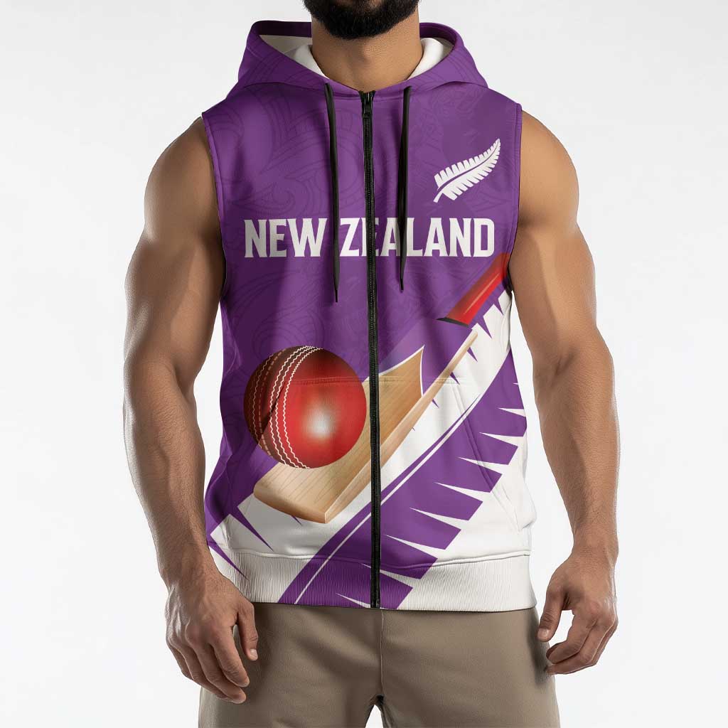 Custom New Zealand Cricket Sleeveless Zip Hoodie Kiwi Birds Haka Dance Purple Fern Sporty Style LT03 - Polynesian Pride