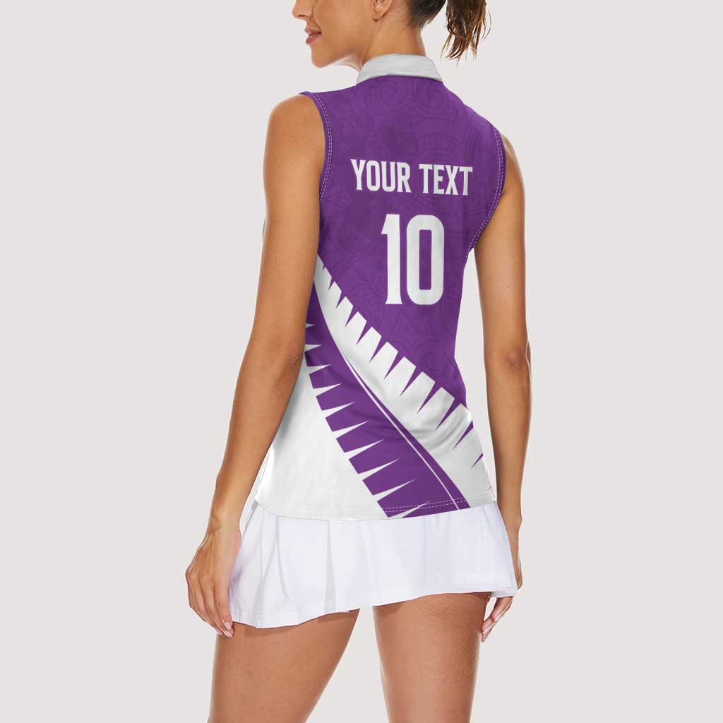 Custom New Zealand Cricket Women Sleeveless Polo Shirt Kiwi Birds Haka Dance Purple Fern Sporty Style LT03 - Polynesian Pride